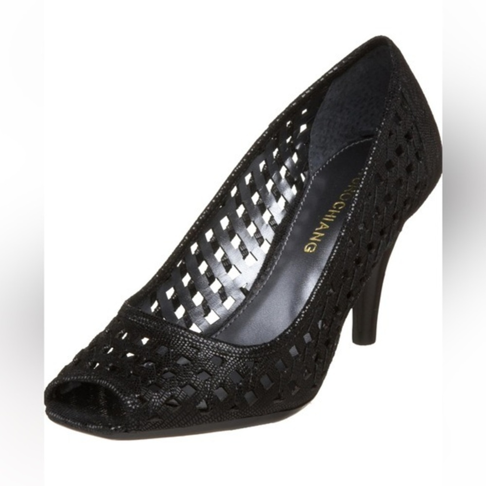 Arturo Chiang Black Leather Open Toe Heels Shoes Womens